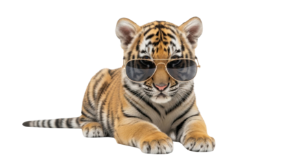 Cool tiger cub wearing sunglasses isolated PNG with Transparent Background