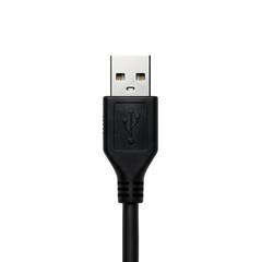 Black USB cable and flash drive for data transfer technology, isolated on white background