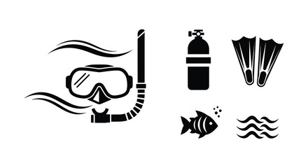 Black and white icons depicting scuba diving equipment and marine life © nurjahan