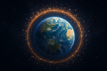 Fototapeta premium Earth from space, surrounded by a dense ring of numerous artificial satellites and space debris