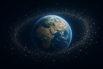 Obraz premium Earth from space, surrounded by a dense ring of numerous artificial satellites and space debris
