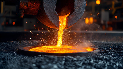 Molten metal pouring from ladle into container