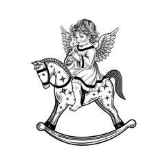 Christmas symbol. Cute little angel riding toy wooden horse. Isolated image. Vector. Vintage.