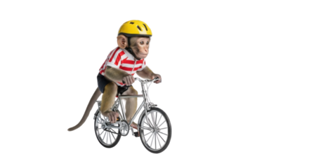 Monkey riding a bicycle wearing a helmet isolated PNG with Transparent Background