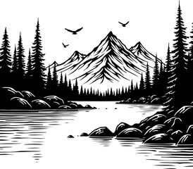 Mountain Lake Wilderness Illustration