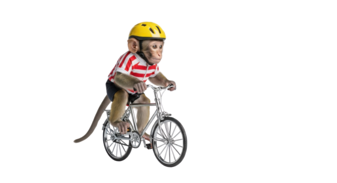 Monkey riding a bicycle wearing a helmet and a shirt isolated PNG with Transparent Background