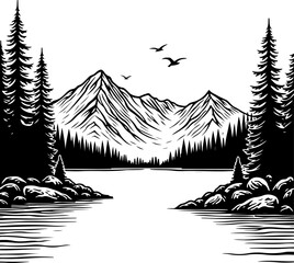 Mountain Lake Wilderness Illustration
