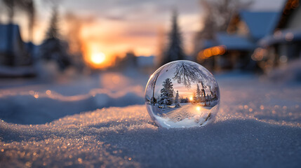 Crystal clear christmas ornament in snowy winter landscape at sunset