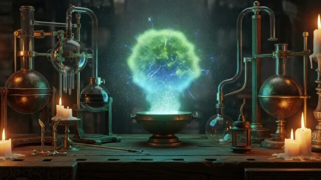 A wizard crafts a powerful potion in a dimly lit lab filled with glowing elements and candles