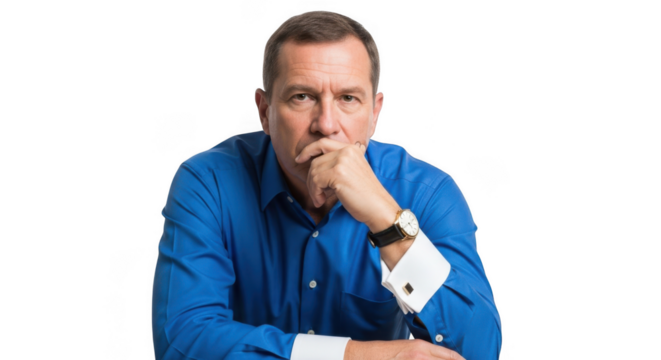 Thoughtful man in blue shirt with hand on chin isolated on transparent background