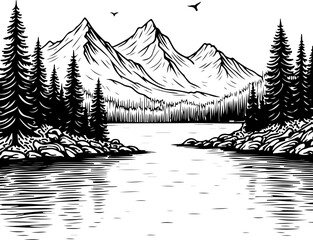 Mountain Lake Wilderness Illustration