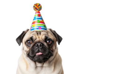 Pug dog wearing a colorful party hat isolated PNG with Transparent Background