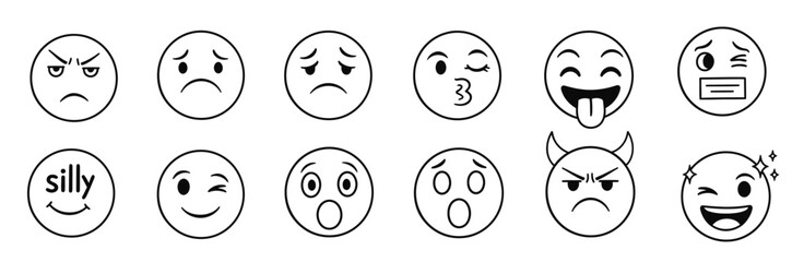 Collection of hand drawn oval faces expressing various emotions