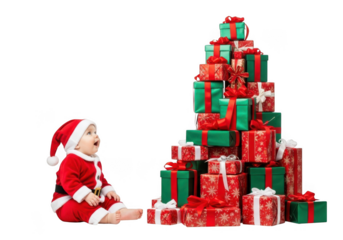 Baby in santa costume looking at stack of christmas presents isolated on transparent background