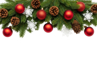 Christmas tree branch decorated with red baubles, pine cones, and snowflakes, isolated on transparent background