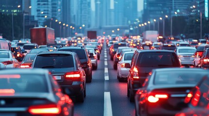 A busy urban highway filled with cars, illuminated by red brake lights, showcasing traffic congestion in a cityscape.