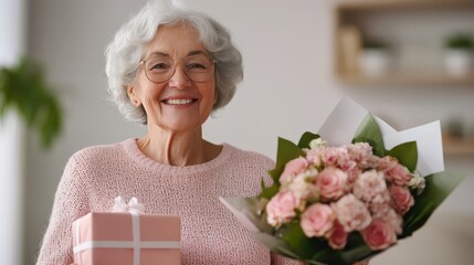 A joyful elderly woman smiles while holding a bouquet of flowers and a gift box, radiating happiness and celebration.