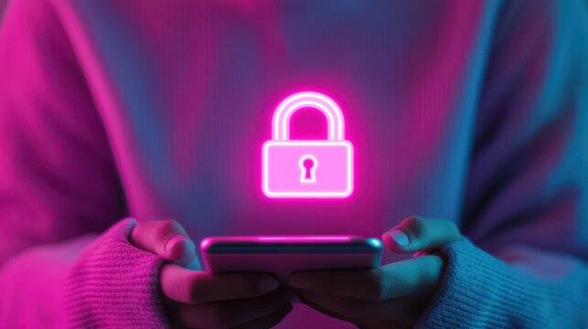 A person holds a smartphone with a glowing padlock icon, symbolizing digital security and privacy in a vibrant, colorful setting.