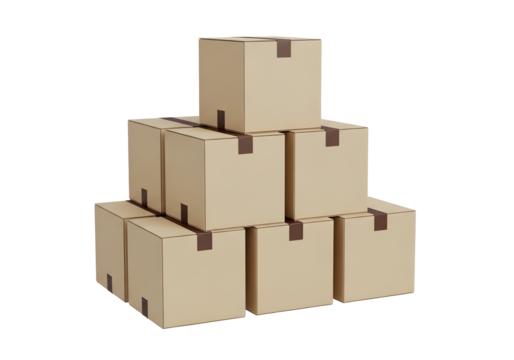 Stack of cardboard boxes arranged on a clean white background for shipping and storage purposes
