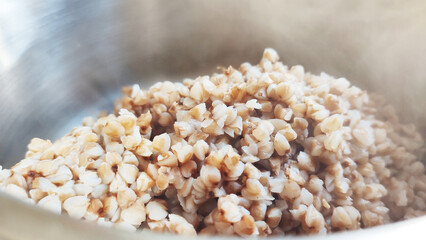 Close-up cooked grains create a detailed organic pattern. The scene suggests purity, minimalism, and mindful food choices.