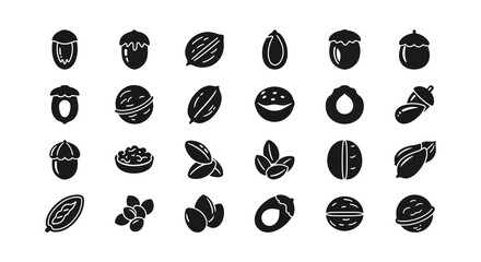 Collection of various acorn and nut icons in a monochrome style