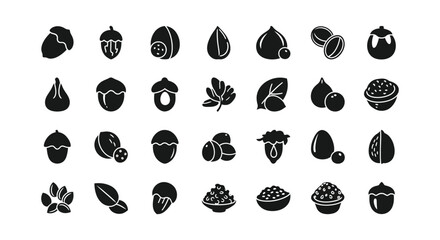 Collection of various acorn and nut icons in a monochrome style © nurjahan