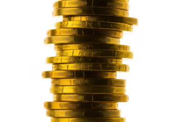 Tall stack of gold coins isolated on transparent background