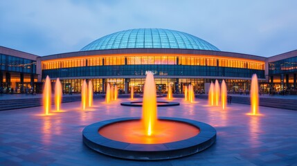 A modern architectural structure featuring a glass dome, illuminated fountains, and a vibrant evening atmosphere.