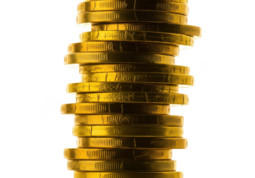 Tall stack of gold coins isolated on transparent background - Powered by Adobe