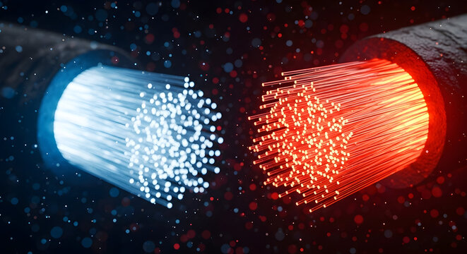 Glowing fiber optics background with bright blue and red light spots