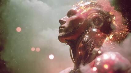 Profile view of a futuristic cyborg looking up, its cybernetic systems glowing with red lights and sparks amidst a cloudy, atmospheric background representing the dawn of a new technological era - Powered by Adobe