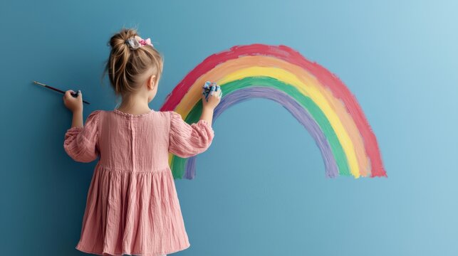 A young girl paints a colorful rainbow on a blue wall, showcasing creativity and playfulness in a bright, artistic environment.