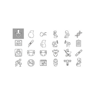 Collection of Pregnancy and Baby Care Icons Featuring Pacifier, Ultrasound, DNA, Stroller, and Newborn Baby