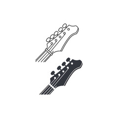 Set of two guitar headstock icons one line art drawing and one filled silhouette isolated on white background
