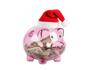 Pink piggy bank filled with coins and banknotes wearing a santa hat, isolated on transparent background