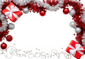 Christmas and new year border decoration with red gift box, silver and red baubles, and tinsel, isolated on transparent background