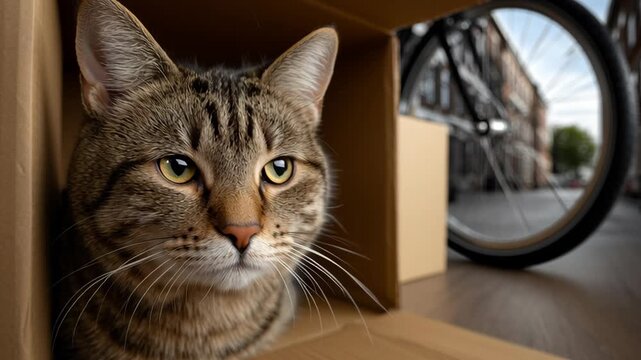 Curious cat exploring a cardboard box outdoors