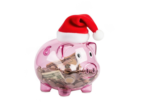 Pink piggy bank filled with coins and banknotes wearing a santa hat, isolated on transparent background