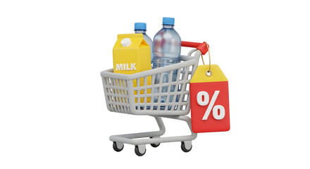 Shopping cart filled with gifts and discount tag clean white background