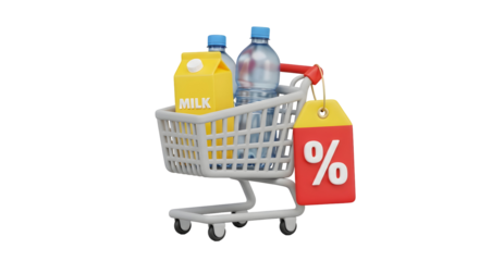 Shopping cart filled with gifts and discount tag clean white background