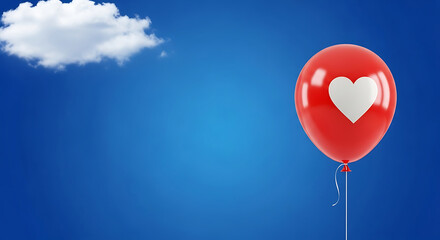 A single red balloon with a white heart floating against a bright blue sky with a fluffy white cloud, creating a simple yet impactful image that conveys love, celebration, and freedom, perfect for val