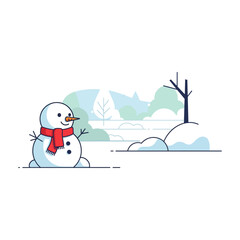 Charming winter scene with a cheerful snowman wearing a red scarf in a snowy landscape with trees and gentle snowdrifts