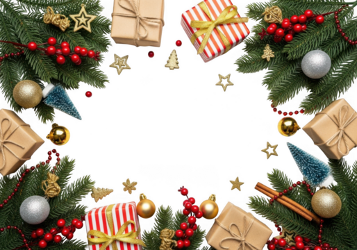 Christmas tree branches and festive decorations including gift boxes, baubles, and berries arranged in a frame on transparent background