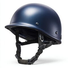 Naklejka premium Matte dark blue protective helmet with chin strap for head safety isolated on white background