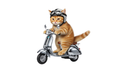 Orange cat riding a shiny scooter wearing a helmet and goggles isolated PNG with Transparent Background
