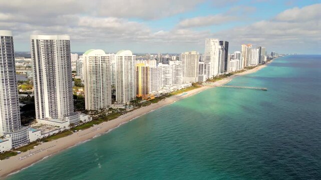Aerial of Atlantic Heights with Biscayne bay and Miami downtown in background Florida USA