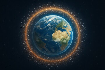 Fototapeta premium Earth from space, surrounded by a dense ring of numerous artificial satellites and space debris