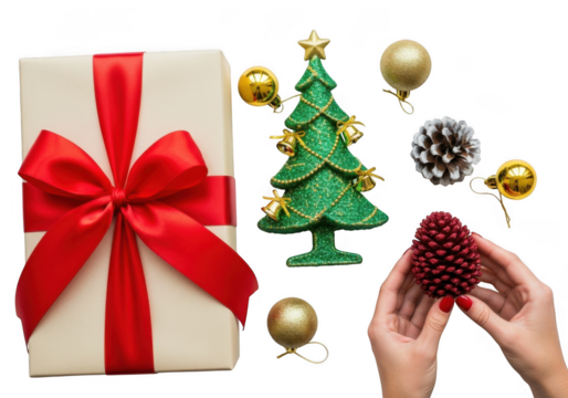Christmas gift box with red ribbon, decorated christmas tree, pine cone, and baubles, isolated on transparent background