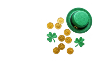 St patricks day symbols green hat, gold coins, and shamrocks isolated on transparent background