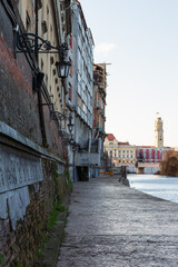 Historic building of the town hall and facades of old buildings on the Crisul Recede River (Fast Stream). Oradea, Romania
